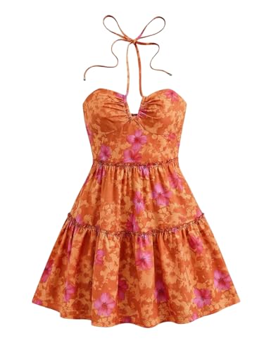 Image of Floerns Women's Floral Sleeveless Halter Dress Milkmaid Flare Hem Boho Mini Dress
