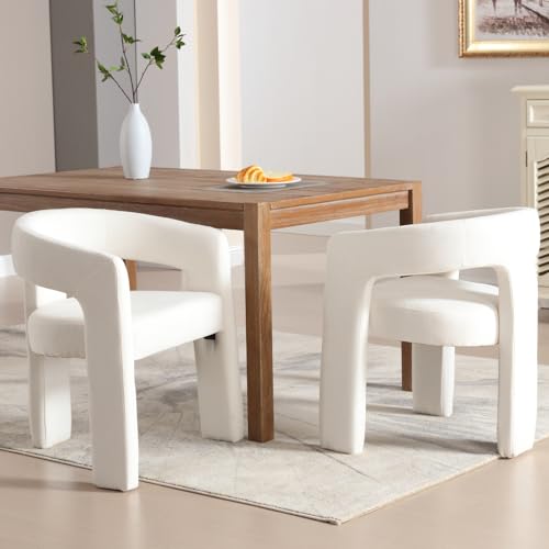Image of HNY Modern Barrel Kitchen & Dining Room Chairs Set of 2, Chenille Upholstered Accent Chairs with Arm, 18.5'' Wide Side Armchairs Vanity Chairs for Living Room Bedroom Makeup Small Spaces, White