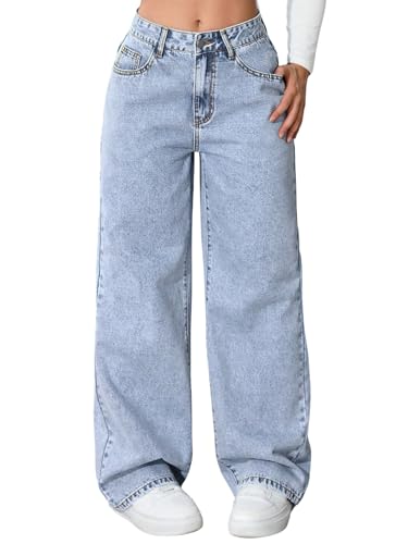 Image of SweatyRocks Jeans Women's Elegant Women's Jeans High Waist Denim Jeans with Zip Wide Leg Trousers with Pockets Jeans with Pockets, blue, L