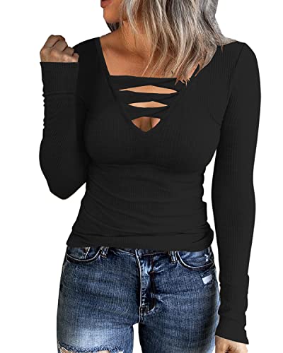 Women Casual Long Sleeve Tunic Tops V-Neck T Shirts Criss Cross Ribbed Casual Tee Slim Fitted Fall Blouse