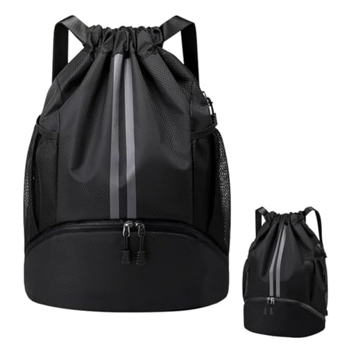Mochilas de Cuerdas Hombre, Bolsa Deporte Mujer, Grande Bolsa Saco Playa Ajustable, Fútbol Mochila con Compartimento Zapatos, Bolsa Gimnasio con Bolsillo para Viajes Yoga Playa, 47x15x32cm (Negro)