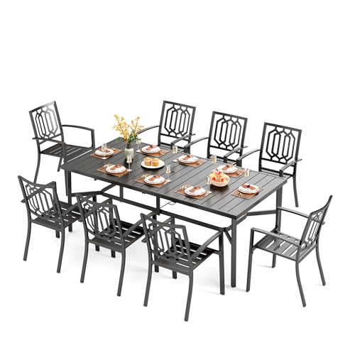 Image of PHI VILLA 9 Pcs Outdoor Dining Set, 83 inch Steel Table w /Umbrella Hole | Rectangular Metal Table w / Umbrella Hole & Stackable Wrought Iron Chairs,Patio Furniture for Patio, Deck, Yard, Porch