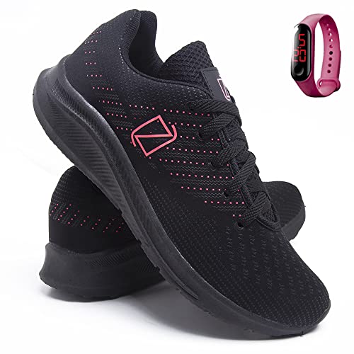 Tênis Feminino Academia e Caminhada Ultra Leve + Relógio Digital - PretoRosa/34