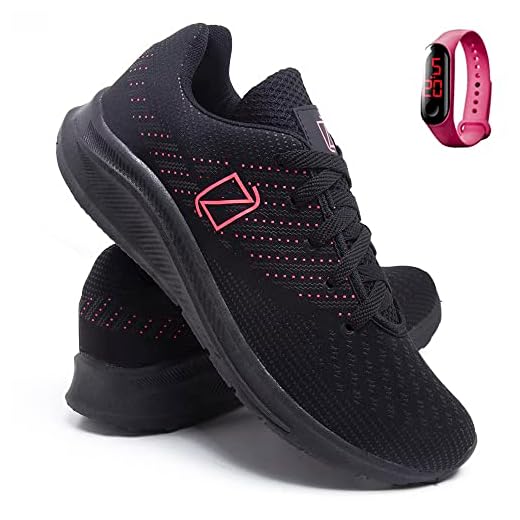 Tênis Feminino Academia e Caminhada Ultra Leve + Relógio Digital - PretoRosa/35