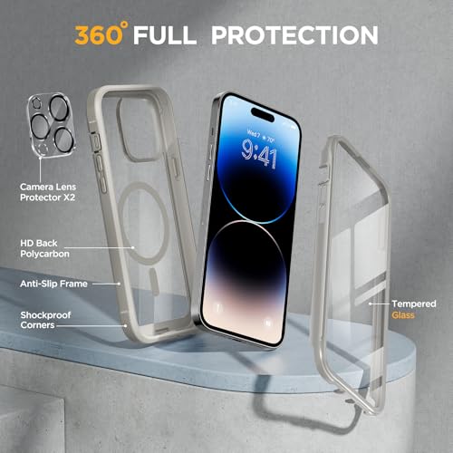 Image of Miracase Magnetic for iPhone 14 Pro Case 6.1 inch, (Compatible with MagSafe) Upgrade Full-Body Clear Phone Bumper Case with Built-in 9H Tempered Glass Screen Protector, Magnetic Gray