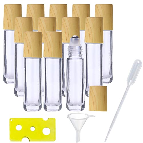 12pcs Ätherische Öle Roller Flaschen,Glas Roller Flaschen 10m,Glasflaschen Für Ätherische Öle,Nachfüllbarer Behälter ​Mit Bambusdeckel,Glasflaschen Glasroller Cover