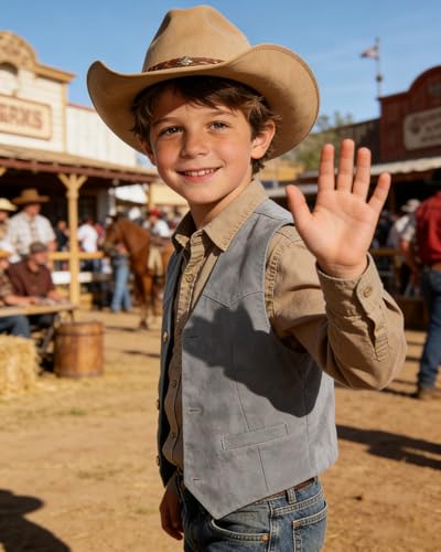 Image of Retro Boys Western Cowboy Vest for Kids Leather Suede Waistcoat | vintage dress vests, welt pockets, v-neck, adjustable waist, formal slim fit, wedding outfit, farm christmas birthday prom