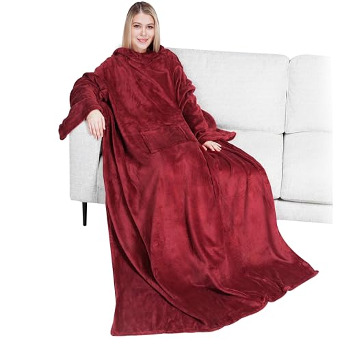 PAVILIA Wearable Blanket with Sleeves for Adult Women Men, Cozy Fleece Warm Wrap Throw Blanket with Arms, Pocket, Gifts for Christmas, Wife, Wine Red