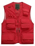 Flygo Men's Multi-Pocket Outdoor Quick Dry Mesh Fishing Safari Photo Work Vest (Medium, Red)