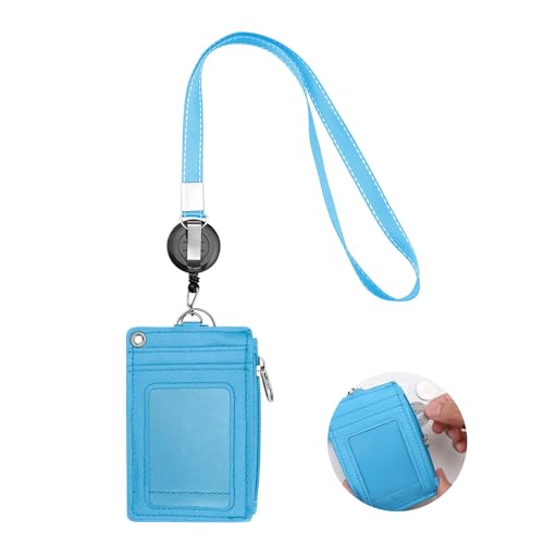 WJUAN PU Badge Holder with Lanyard, 5 Card Slots and 1 Zipper Pocket, Total Length 57 cm, Retractable ID Card Holder, Card Sleeve with Retractable Buckle, Blue Cute Cartoon Style