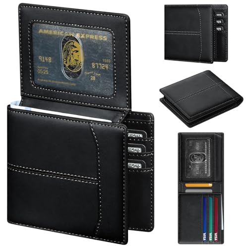 Image of furid Top Grain Leather Wallet Men: RFID Minimalist Bifold Credit Card Holder with 2 ID Windows - Slim Front Pocket Wallets for Men - Gifts for Husband Father on Anniversary Birthday