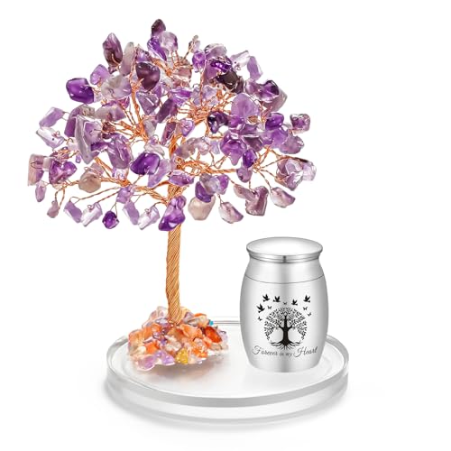 Abooxiu Small Urns for Human Ashes Cremation Keepsakes Urn Stainless Steel 1.57 inches Mini Urn for Human Ashes with Amethyst Crystal Tree Decorative Urn Tree of Life Cremations Ash Keepsake