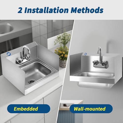 BIEAMA Stainless Steel Hand Sink NSF 17" x 15" Commercial Wall Mount Sink, with Side Splash Guard, Strainer and Faucet, Perfect for Home, Stores, Restaurants, Bars by BIEAMA - Image 6