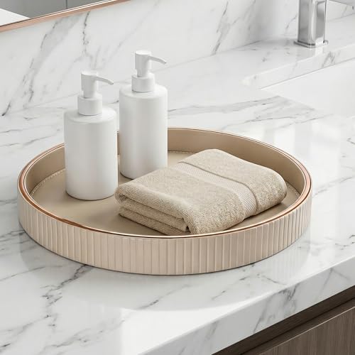 BXUUXA Tablett Serviertablett Rund Ø 30cm Deko Tablett PU Leder mit Goldrand Küchentablett Tischtablett Ablageschale Valet Tablet Kellnertablett für Küche Wohnzimmer Schlafzimmer(Beige)