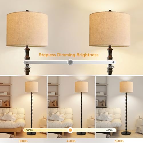 Image of Wood Floor Lamps for Living Room Rattan Floor Lamp with Remote Control& 3 Color Temperature,Dimmable Rustic Floor Lamp Black Mid Century Modern Standing Lamp Tall Farmhouse Floor Lamp For Bedroom