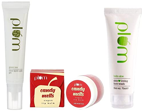 Image of Plum Green Tea Clear Spot-Light Gel Acne-Prone Skin, Active Acne Treatment, Paraben Free, 15 millilitre&Plum Candy Melts Vegan Lip Balm &Plum Hello Aloe Skin Loving Face Wash, 75ml