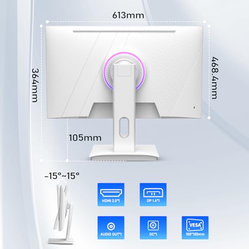 Monitor da Gaming Bianco 27 pollici 1080P 180Hz FHD (1920X1080) IPS 1ms MPRT 16:9 Monitor PC con supporto 144Hz/165Hz/180Hz, AMD FreeSync Premium, DisplayPort HDMI, Staffa VESA - Monitor - Immagine 6