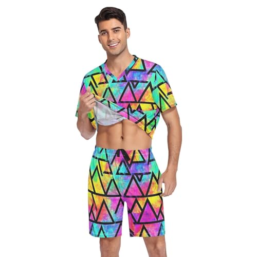 Colorful Triangle Men’s Pajama Sets Short Sleeve Lounge Wear with Elastic Waistband and Drawstring3