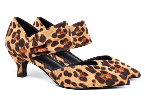 Coutgo Womens Low Kitten Heel Dress Shoes Pointed Toe Slip on Ankle Strap Cutout Elegant Party Wedding Pumps, Leopard, Size 10