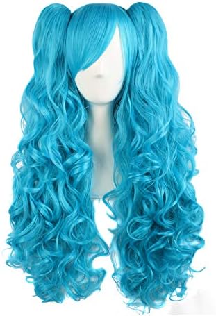 MapofBeauty Lolita Long Curly 2 Ponytails Clip on Cosplay Wig, Azure Blue