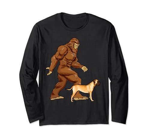 Funny Bigfoot Walking Bullmastiff Sasquatch Dog Long Sleeve T-Shirt, Black