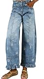utcoco Barrel Jeans Women 2026 Floral Print Wide Leg Jeans Y2k Patchwork Baggy Boyfriend Denim Pants (Medium...