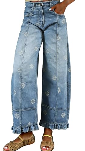 utcoco Barrel Jeans Women 2026 Floral Print Wide Leg Jeans Y2k Patchwork Baggy Boyfriend Denim Pants (Medium, Blue Floral)
