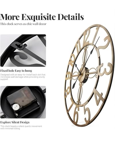 Image of Vintage Clock Big Antique Metal Wall Clock for Bedroom Stylish Roman Clock Handicraft Wall Decor Clock