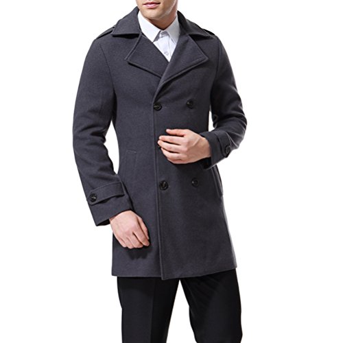 AOWOFS Men's Double Breasted Overcoat Pea Coat Classic Wool Blend Winter Coat Grey