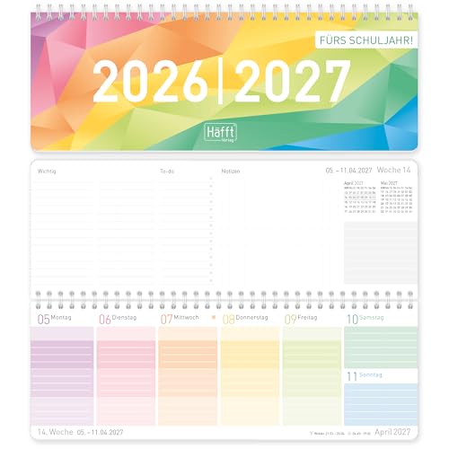 Häfft Wochen-Tischkalender Schuljahr 2026/2027 Rainbow im Quer-Format 1 Woche auf 2 Seiten - Wochenkalender Schreibtisch-Kalender Schule - nachhaltig & klimafreundlich