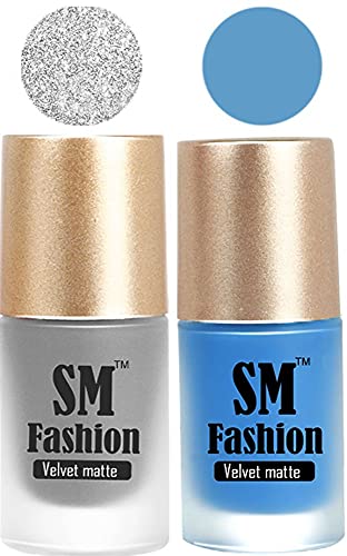 Image of Nail Polishes, Silver-Navy Blue Velvet Matte Nail Paint Combo Set of 2 Pcs 7ml each