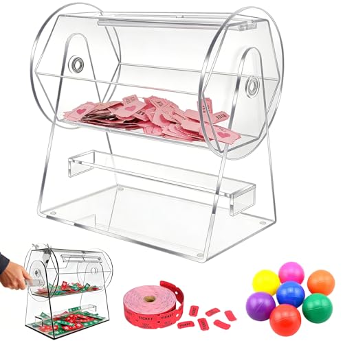 Acrylic Raffle Drum Raffle Ticket Spinner with Handle And 2 Keys Transparent Spinning Drawing Raffle Drum Holds 2000 Tickets Spinning Cage Raffle Ticket Box for Lottery Games Bingo Raffle Balls