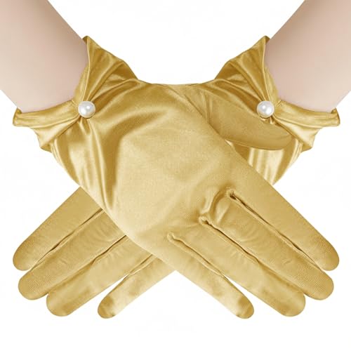 JTYKUYR Short Satin Gloves for Women White Satin Wrist Pearl Gloves Accessories for Halloween Opera Tea Party and Wedding (Gold One-size)