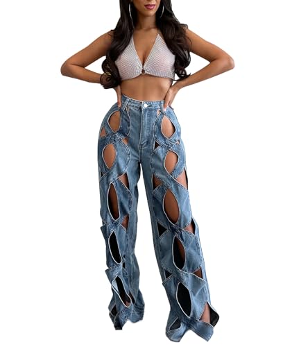 xxxiticat Women's Hollow Out Denim Pants High Waist See Through Twist Together Wide Leg Loose Fit Cutout Jeans Trousers4