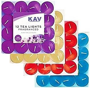 KAV 48 Pack fragranced Tealight Candles | Scented Tealights | Candle for Weddings | Christmas | Spa | Home Décor | Fresh Berries, Wild Lavender, Vanilla, Mountain Spring