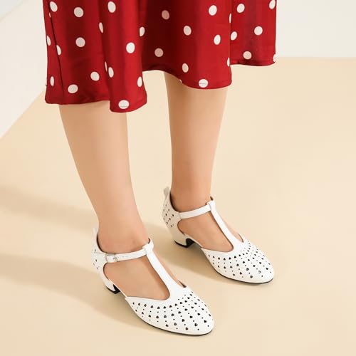Image of MAIERNISI JESSI Women's T-Strap Mary Jane Pumps, Low Block Heel, Closed Toe, Buckle Ankle Strap