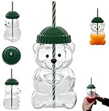 Gokame 2025 New Bear Straw Cup,Cute Bear Plastic Cups with Lids and Straws,Cute Christmas Clear Bear Cups Plastic Mug for Coffee Beer Wine Cocktail Drinks Glassware,for Christmas Party