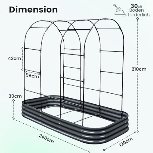 KING BIRD Hochbeet mit Rosenbogen, Pflanzkasten Gartenkasten Frühbeet Kräuterbeet mit Gartenbogen für Garten, Klettergemüse, Blumen,240x120x30 cm, Dunkelgrau
