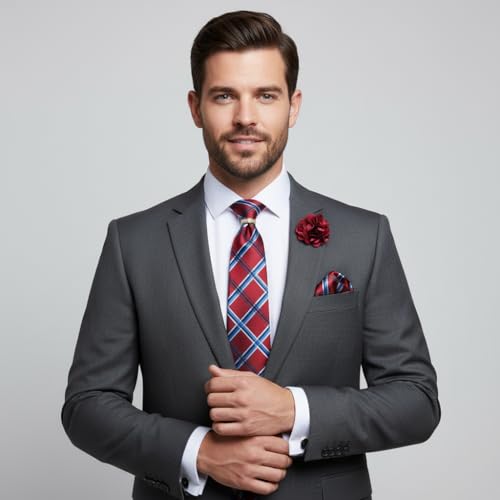 Image of 5PCS Mens Silk Designer Tie, Pocket Square, Cufflinks, Drilled Tie Ring and Lapel Pin Set for Wedding Groom Party