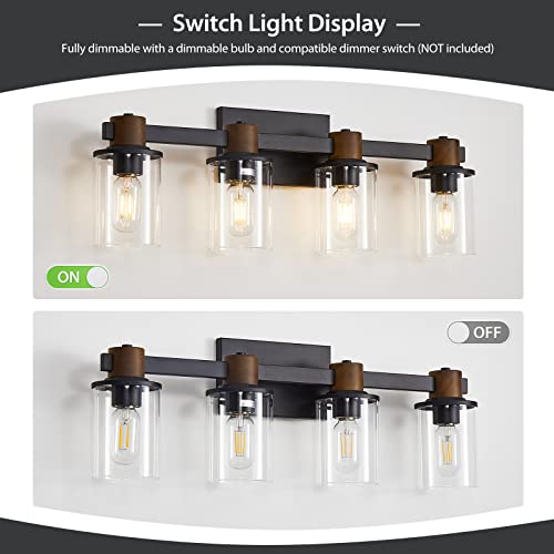 Dadul 4-Light Bathroom Vanity Light, Farmhouse Bathroom Light Fixtures, Rustic Wood Bathroom Lighting Over Mirror, Black Vanity Light Fixture With Clear Glass Shade Wall Sconce For Living Room Bedroom #TOP2