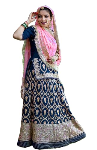 Image of Fancy Heavy Embroidery Work Shimmer Silk Semi-stitched Rajasthani Poshak Rajputi Lehenga Choli For Women