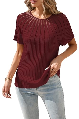 Cakulo Womens Summer Short Sleeve Sweaters Ribbed Sheer Knit Tops Lightweight Pullover Sweater 2025 Burgundy X-Larg