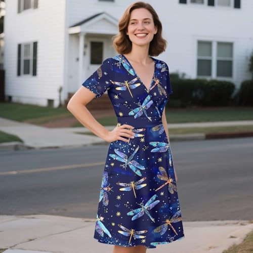 Image of Women's Summer Formal Dresses Short Sleeve Wrap V Neck Dresses Bridesmaid Wedding Guest Dress with Pockets