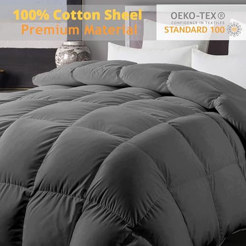 ELNIDO QUEEN® Feather Down Fiber Comforter Queen Size - All Season Grey Fluffy Duvet Insert - Luxurious Hotel Bedding Comforter with Corner Tabs - Ultra Soft 100% Cotton Cover, 90x90 Inch