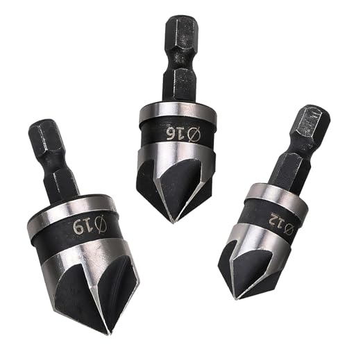 3 Pcs 1/4 Inch Countersink Drill Bit Hex Shank Chamfering,High Carbon Steel Countersink Drill Bit Set - (12mm/16mm/19mm),5 Flute 90 Degree Woodworking Wood Drill Bits(Grey)