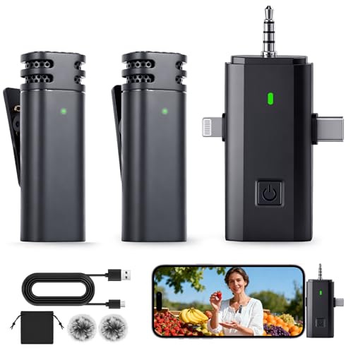 3-in-1 Mini Microphones: Wireless Lavalier Microphone with AI Noise Reduction for iPhone 15/14/13/12, Android, Cameras 12H Battery, Plug and Play Wireless Microphones for Vlog/YouTube/TikTok/Live