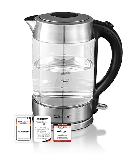 Cloer 4429 Glas Wasserkocher,Testsieger Haus und Garten 02.2019, 2200 Watt, LED-Beleuchtung, verriegelter Sicherheitsdeckel, verdecktes Heizelement, 1,7 Liter, Edelstahl, 1.7 liters