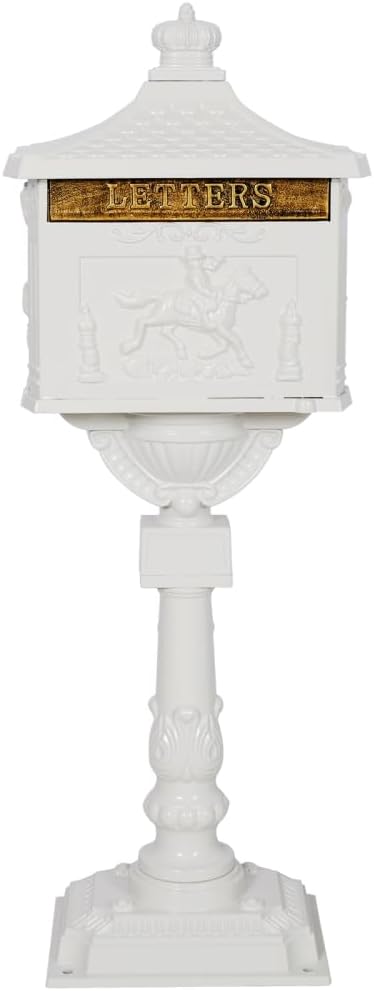 Vintage Mailbox, Heavy Duty Cast Aluminum Postal Box for Outside with Lock, Large Freestanding Mailboxes for House Outside, Rustproof Decorative Standing Mailbox with 2 Key, 45.5" Tall (White)