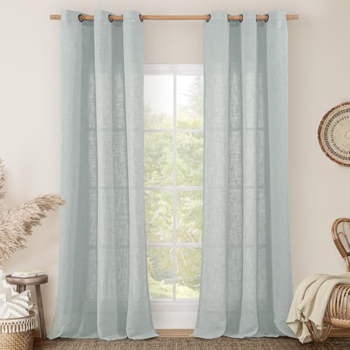 Image of LAMIT Blue Linen Curtains 84 Inch Length for Living Room, Semi Sheer Light Filtering Drapes Bronze Grommet Boho Burlap Panels for Bedroom /Farmhouse, 2 Panels, 34 x 84 Inch, Greyish Blue