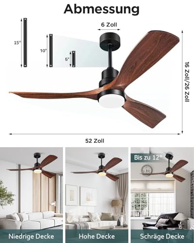 Forrovenco Deckenventilator mit Beleuchtung und Fernbedienung, Leise DC Motor, 132 cm/52 Zoll, 3 Holz...